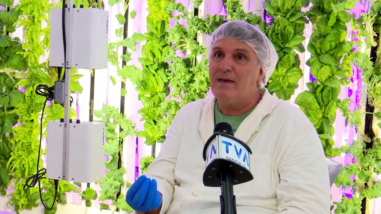 Le copropriétaire Daniel Ratté dans sa ferme hydroponique à Saint-Léolin.